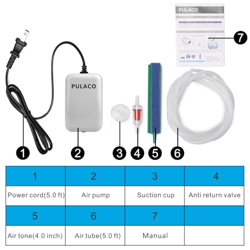 PULACO Ultra Quiet Mini Aquarium Fish Tank Air Pump for 1-20 Gallon Fish Bowl with Air Tube Air Bubbler Stone Check Valve