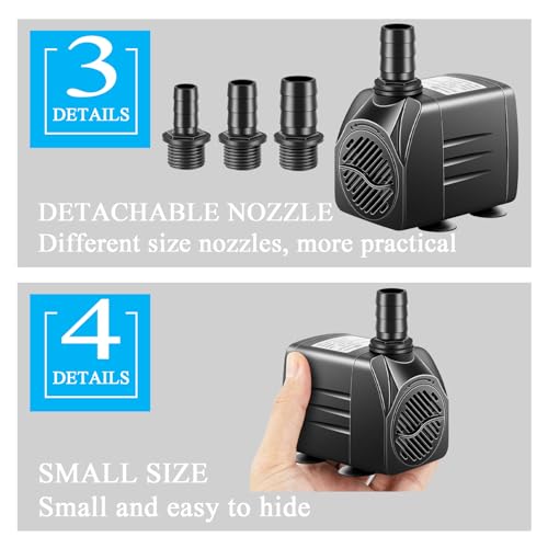 Submersible Pump, Small Fountain Pump with Tubing, Submersible Water Pump for Aquarium Fish Tank Indoor or Outdoor Pond Fountain Hydroponics Statuary (25W 400GPH, No Led Light)