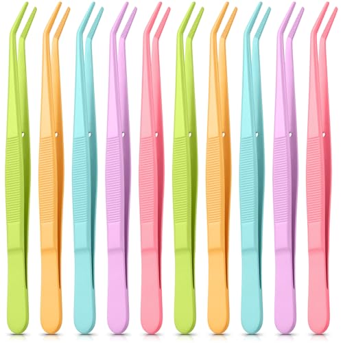 Honoson 10 Pcs Stainless Steel Tweezers for Crafting with Curved Serrated Tip Multipurpose Forceps Sewing Machine Tweezers Bulk (Colorful) - color: Colorful