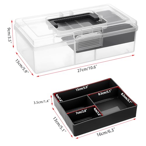 JUXYES Plastic Carry Storage Box with Removable Dividers, Clear Art Craft Supply Storage Bin Sewing Box With Handle Lid, 2 Layers Stationery Storage Case for School/Office Supplies - color: Black
