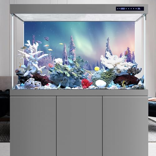 YongFoto Winter Snow Scene Fish Tank Background 24x12 inch Snowfield Pine Forest Rime Starry Sky Aurora Polyester Backdrop Reptile Habitat Terrarium Bearded Dragon Aquarium Background - color: Purple 4, size: 24x12in/60x30cm