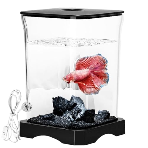 Betta Fish Tank, Small Acrylic Aquarium with Led Lighting System, Clear Desktop Fish Bowl Tank System, 18cm Size, 15cm Width, with Style for Betta Shrimp Crab Spider Desktop Decoration - color: Black