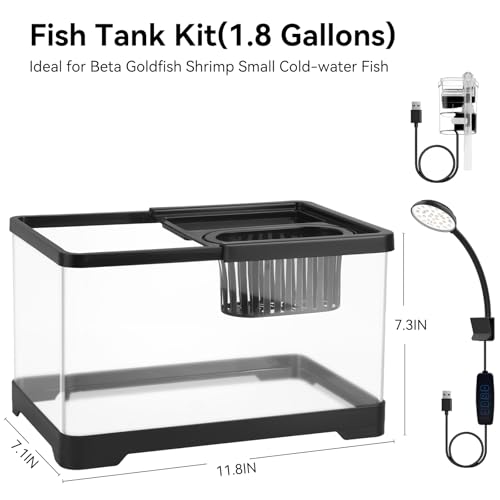 1.8 Gallon Beta Fish Tank Aquariums Kits - Clear Small Fish Bowl Starter Kit with LED Light, Water Filter Pump, Hydroponic Basket - Beginner's Gift for Guppy Shrimp Goldfish, Rectangular - size: Long fish tank