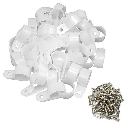 Cable Clamp R-Type Cable Clip Wire Clamp 3/4" Nylon Screw Mounting Cord Fastener Clips with Screws for Wire Management - White - 50 Pcs - size: 3/4" White