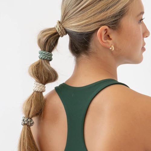 L. Erickson Green and Beige Hair Ties for Thick Hair, Grab & Go Ponytail Holders, 8 Pack, Moss, Thick No-Crease Bands with Strong Hold, Damage-Free Design, Earthy Natural Tones - color: Moss