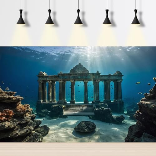 Under The Sea Scene Aquarium Background Tranquil Underwater Ancient Temple Fish Tank Background Deep Blue Sea Sunray Terrarium Backgrounds Blue Ocean Sunken Temple Reptile Tank Backgrounds 48x18in - color: Blue_Dark Brown, size: 48(W)x18(H)in