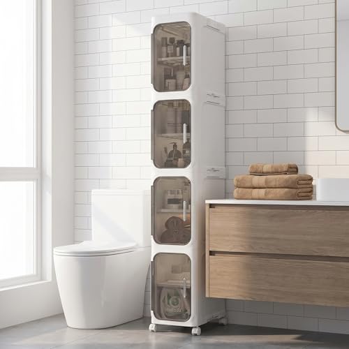 KHNR 4-Tiers Slim Bathroom Storage Cabinet,Narrow Bathroom Storage,Foldable Storage Cabinets,Movable Bathroom Storage Organizer for Small Spaces,Bathroom,White - color: White, size: 4-Tiers