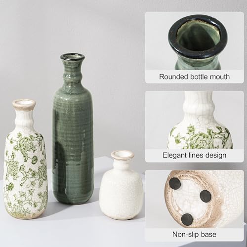 Ceramic Vase Set, 3Pcs Flower Vases for Modern Boho Farmhouse Decor, Decorative Vases for Pampas Grass & Dried Flowers, Distressed Finish - color: C