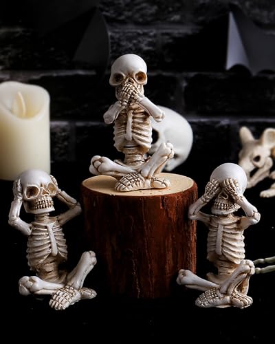 3 Pcs Aquarium Skeleton Decor - Waterproof Resin Hear No See No Speak No Evil Figurines for Fish Tank, Halloween Gothic Underwater Scene Setup