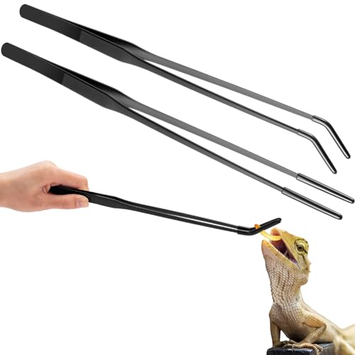 Lasnten 2 Pcs Extra Long Stainless Steel Reptile Feeding Tongs with Rubber Tip 15 Inch Bearded Dragon Aquarium Straight and Curved Long Tweezer Terrarium Feeder Tool for Tank(Black) - color: Black, size: 15 Inch