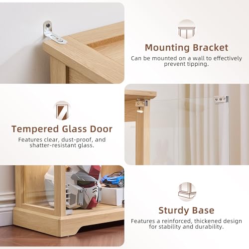 LELELINKY Farmhouse Glass Display Cabinet with Doors, Wooden Curio Cabinet for Collectibles with 3-Color LED Motion-Sensor Light & Reinforced Base, Natural - color: Natural, size: Single