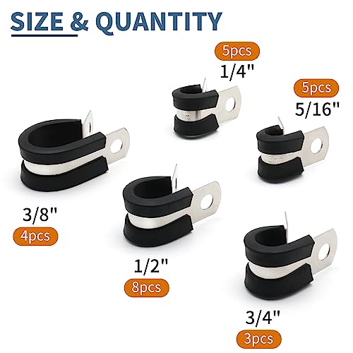ZIPCCI Cable Clamps Assortment Kit, 25 Pack Stainless Steel Rubber Cushion Pipe Clips (1/4'' 5/16'' 3/8'' 1/2'' 5/8'' 3/4'' inch) - size: 1/4" to 3/4" Assortment (25 Pack)