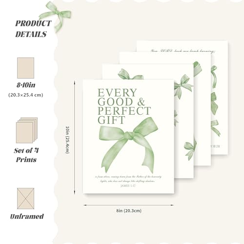 LARTSFRO Coquette Sage Green Bow Wall Art Decor Posters, Sage Green Bow Room Bedroom Bathroom Dorm Wall Art Decor Aesthetic for Teen Girls Gifts, Inspirational Bible Verses Bow Wall Decor, 10x8 Inch Set of 4 Pcs Bow Pictures (UNFRAMED) - color: green bow,