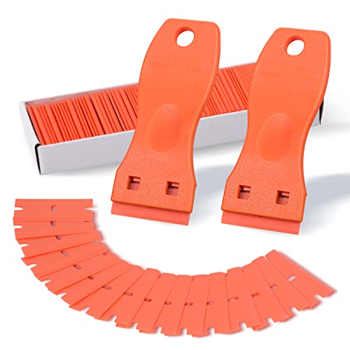 FOSHIO 2PCS Orange Plastic Razor Blade Scraper Tool and 100PCS Orange Plastic Blades for Gasket Remover, Sticker Remover, Labels Decal and Adhesive Remover for Windows and Glass - color: Orange