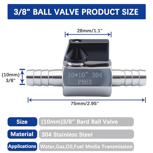 3/8″ Hose Barb Ball Valve, 304 Stainless Steel Mini Fuel Shut Off Valve,Heater Hose Shut Off Valve for Water Gas Fuel Drip Irrigation and Aquariums - size: 3/8″ Hose Barb