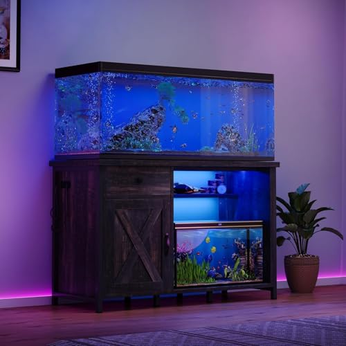 4ever2buy 55-75 Gallon Fish Tank Stand with Power Outlets, LED Light, Heavy Duty Aquarium Stand with Cabinet for Fish Tank Accessories Storage, for Turtle Tank, Reptile Terrarium, 1100LBS, Oak - color: Dark Oak
