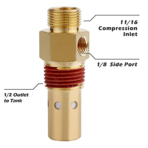 Air Compressor Replacement Components Brass 1/2 Inch MNPT Compressor in Tank Check Valve Kit with Three Different Unloader Tube Fittings 20 SCFM 4 Pieces