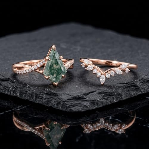 Natural Moss Agate Engagement Ring Set for Women, Unique Genuine Moss Agate Ring, 925 Sterling Silver 10K 14K 18K Solid Gold Nature Inspired Bridal Set, Boho Wedding Jewelry Gift - color: Six