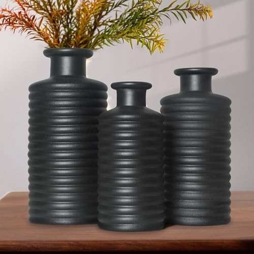 Black Ceramic Vases for Home Decor, Modern Farmhouse Frosted Semi Matte Textured Decorative Vase Set, Unique Vase for Entryway, Coffee Table, Shelf, Small Pampas Grass and Flowers - color: Black