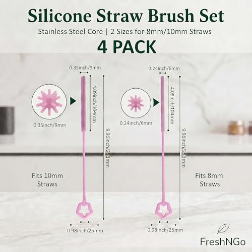 FreshNGo Silicone Straw Cleaner Brush, 4-Pcs Reusable Extra-Long Brush for Cleaning Metal & Glass Straws, Milkshake & Tumbler, 6mm+9mm, Pink(4, Gray) - color: Gray