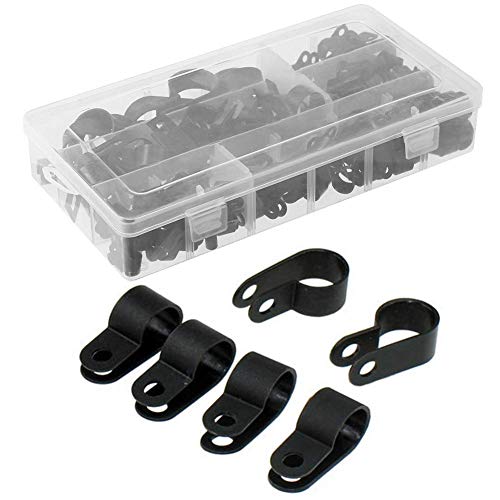 Orgrimmar 200 Pcs Black Nylon Plastic R-Type Cable Clamps 3/16" 1/4" 3/8" 1/2" 3/4" 1" Clips Fasteners Assortment for Cable Conduit