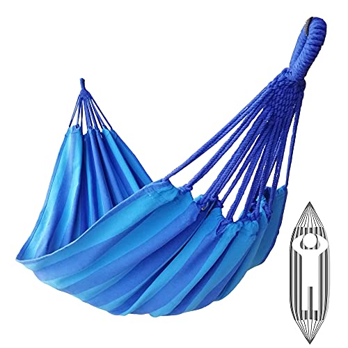GOCAN Brazilian Single Hammock 1 Person Canvas 200X100cm Total Length 310cm Load 250kg Cotton Hammock for Garden Backyard Outdoor and Indoor - color: Peacock Blue