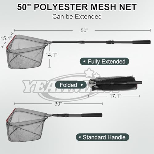 Yeahmart Fishing Landing Net with Telescopic Aluminum Handle Pole, Collapsible Nylon Mesh Minnow Fish Net for Saltwater & Freshwater, Portable Fishing Gear for Kids, Men, Women, Extends 21-75 Inches - style: 50" Full Length (3 Sectional Handle)