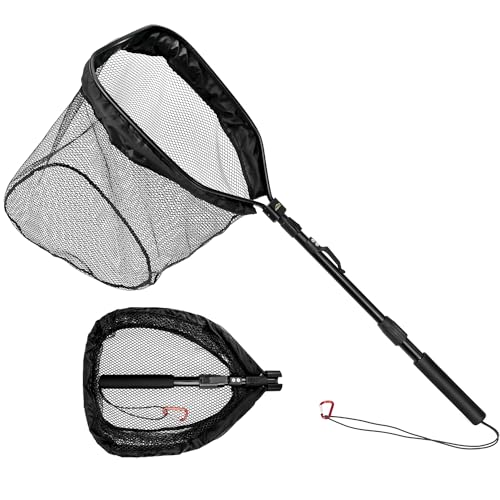 Rubber Coated Foldable Floating Fishing Net for Steelhead, Salmon, Catfish, Bass, Fly, Kayak, Easy Catch & Release with Telescopic Pole and Spring Shackle