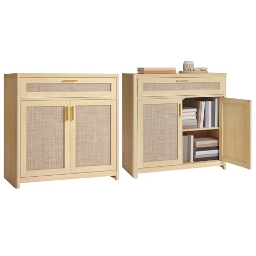 VASAGLE ELLAN Collection - Boho Buffet Cabinets with Rattan-Look Doors, Sideboard Storage Cabinet, Rounded Corners, Adjustable Shelf, Drawer, for Dining Room, Set of 2, Oak Beige UBBK601YC01-2J - color: Oak Beige (With Drawer), size: 2 Pcs