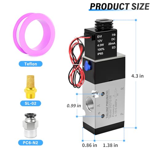 TAILONZ PNEUMATIC 1/4"NPT Solenoid Valve 3V210-08 DC12V Single Coil Pilot-Operated Electric 2 Position 3 Way Connection Type(Outlet wire) - size: 1/4"NPT/DC12V/Out of line, style: 2 Position 3 Way