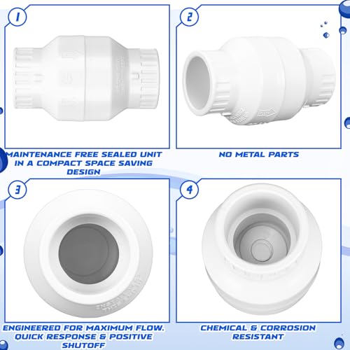 Geetery 1-1/2 Inch PVC Slip Swing Check Valve No Spring Back Flow Preventer Valve White No Return Silent Backflow for Backflow Prevention, Reduces Water Hammer Noise - size: 1-1/2 Inch