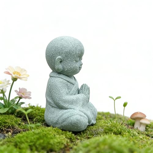 livelyfish Japanese Buddha Bosatsu Feng Shui Praying Monk Statue Sandstone Happy/Smiling Miniature Figurine Ornament for Fish Tank Aquarium Home Garden Decoration (F) - size: F