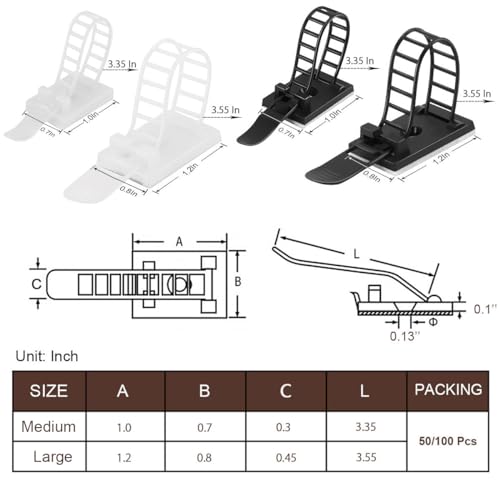 100Pcs Adhesive Cable Management Clips with 50Pcs Zip Ties, Adjustable Nylon Cable Strap Ties Wire Clips Clamps Organizer with Strong Adhesive Tape, Extra Screw & Hole - 3.55 Inch Black - color: Black, size: L-100pcs