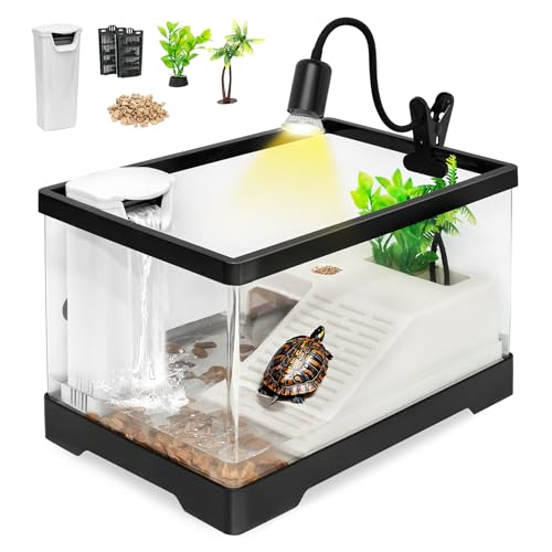 Large Turtle Tank Kit,All in One Red Eared Slider Aquarium,PC Aquatic for Baby Tortoise,Fishes and Amphibians, Includes Silent Filter,Filter Plates,UVB Lamp,Bulb,Plants,Stone,Basking Platform - size: Large(15.8*7.8*8.7inch)