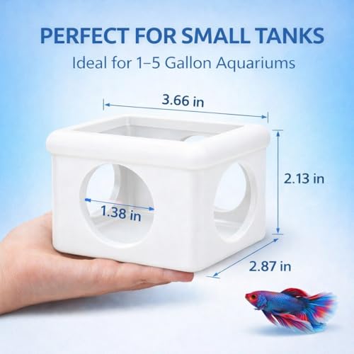 White Floating Betta Hideout with Round Side Holes – 3D Floating Breeding Box & Resting Cave with Window – Feeding Platform, Fish Shelter & Hammock for Betta, Guppies, Nano Tanks & Small Aquariums - color: C: White