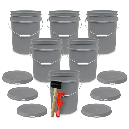 ePackageSupply 5 Gallon Plastic Bucket with Airtight Lid | Made in USA | Food Grade Bucket | BPA-Free | Heavy Duty 90 Mil All Purpose Pail | One 12" Rubber Mallet & One Lid Opener Included | 6 Pack - color: Gray, size: 6 Packs