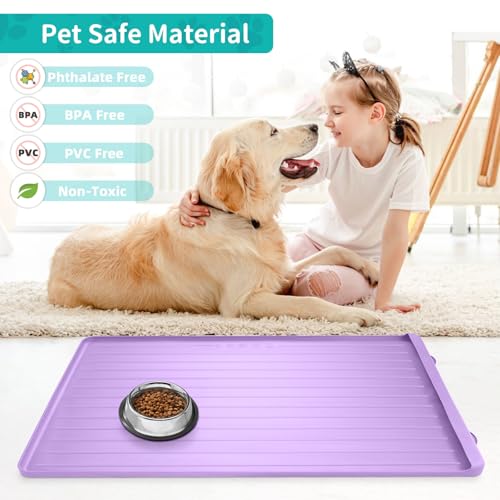 Dog Mat for Food and Water - 39.4" x 27" Large Pet Feeding Mats with Residue Collection Pocket - Waterproof Dog Cat Bowl Mat with High Edges to Prevent Water and Food Spills (Purple, 39.4''x27'') - color: Purple