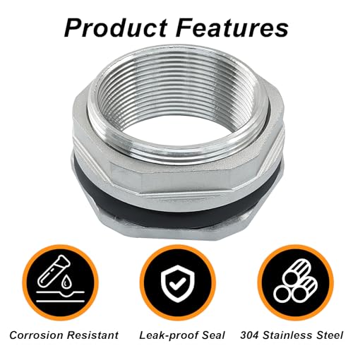 Murtenze 2" Bulkhead Water Tank Connector, Stainless Steel Water Tank Fitting Thru-bulk Adapter, Water Pipe Connector for Rain Barrels/Aquariums/Water Tanks - size: 2 Inch