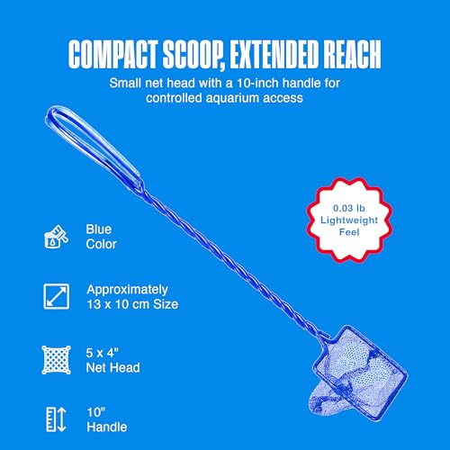 Penn-Plax Quick-Net Aquarium Fish Net - Fine Mesh, Vinyl-Covered Braided Handle - Small Aquarium Cleaning Tool for Gentle Fish Handling - Use in Freshwater & Saltwater Tanks - color: Blue, size: 5" Net - 10" Handle