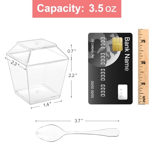 50 Pack 3.5 oz Mini Dessert Cups with Lids and Spoons - Parfait Cups with Lids Plastic Square Shooter Cups for Party Appetizers Pudding Mousse Triffle