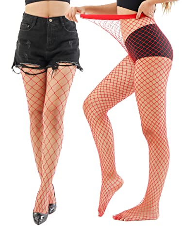 EVERSWE High Waist Fishnet Tights, Thigh High Suspender Stockings - color: Red (Large Grid+medium), size: Small-Medium
