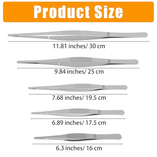 5 Pcs Stainless Steel Tweezers, Long Cooking Tweezers for Crafts with Precision Serrated Straight Tips, Non-slip Kitchen Tweezer for Crafting Baking Tank Aquarium Terrarium (16/17.5/19.5/25/30cm)