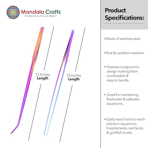 Mandala Crafts 15 Inches Rainbow Stainless Steel Straight and Curved Aquarium Tweezers for Aquatic Plants – Long Aquascape Forceps for Fish Tanks, Hospital Tanks, Goldfish Bowls, and Terrariums - color: Rainbow Curved Straight Tweezers, size: 15 Inches