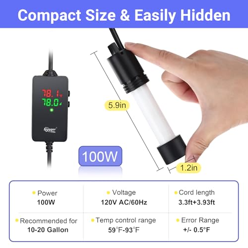 hygger ECO Precise Aquarium Submersible Heater, 100W for 10-20 Gallon Fish Tank Heater with Digital Display Adjustable Controller for Marine Saltwater Freshwater - size: 100W for 10-20 Gallon