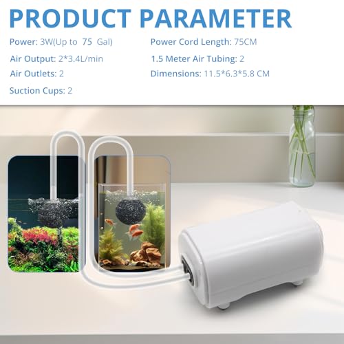 Aquarium Air Pump for Fish Tank, 2 Outlets Adjustable Bubbler, Ultra Quiet & Powerful (3W/5W/10W), Includes Air Stones/Tubing/Check Valve, 108GPH-260GPH for 300-600 Gallon Tanks - size: 3W-Up to 75Gallon