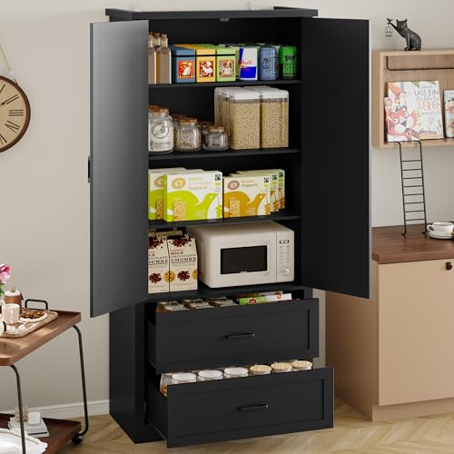 BORNOON Pantry Organizers and Storage Cabinet, 71” Barn Door White Kitchen Cabinet with Drawers and Adjustable Shelf, Tall Pantry for Kitchen, Dining Room, Living Room. Bathroom and Office - color: Black, size: Double Drawers