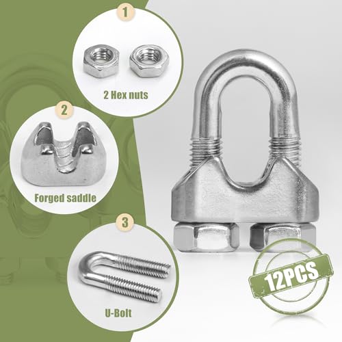12pcs M6 Wire Rope Clamp, 1/4 inch Cable Clamps Stainless Steel Wire Rope Clips - size: M6