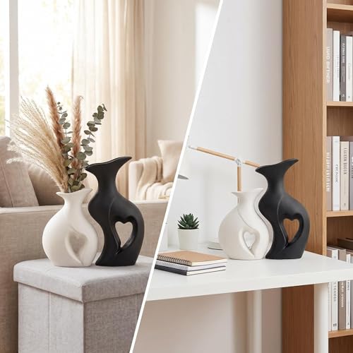 White Flower Vases Set of 2 Modern Boho Ins Style Decorative Flower Vase for Home Decor Living Room Coffee Table Fireplace Bookshelf Shelf Office (Black and White) - color: Black and White