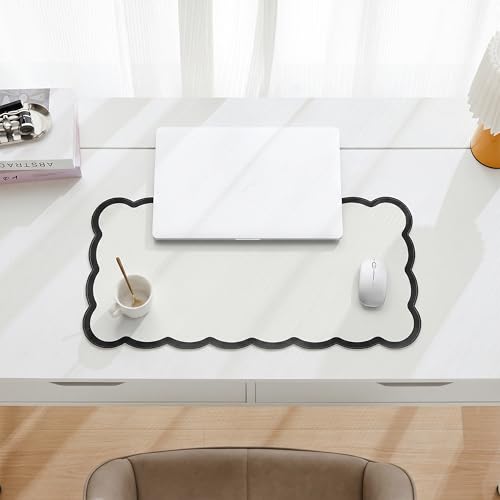 Scalloped Desk Mat, 23.6" x 11.8" Cute Small Aesthetic Desk Accessories, PU Leather Computer Laptop Desk Mouse Keyboard Pad, Desk Writing Mat for Vanity/Work/Home Decor Black - color: Black, size: 23.6" x 11.8"