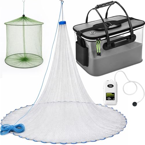 3 Pcs Fishing Bucket, Live Bait Aerator and Fishing Cast Net with Heavy Duty Sinker Foldable Live Bait Bucket Portable Quiet Aerator Fish Transport Container Outdoor EVA Bag - color: Gray